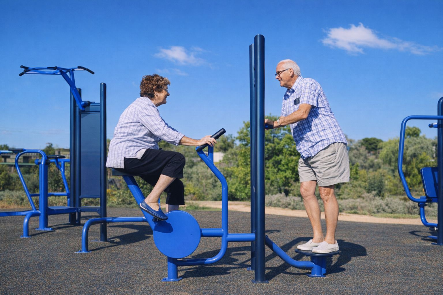 Ett äldre par tränar tillsammans på ett utegym under en klarblå himmel.