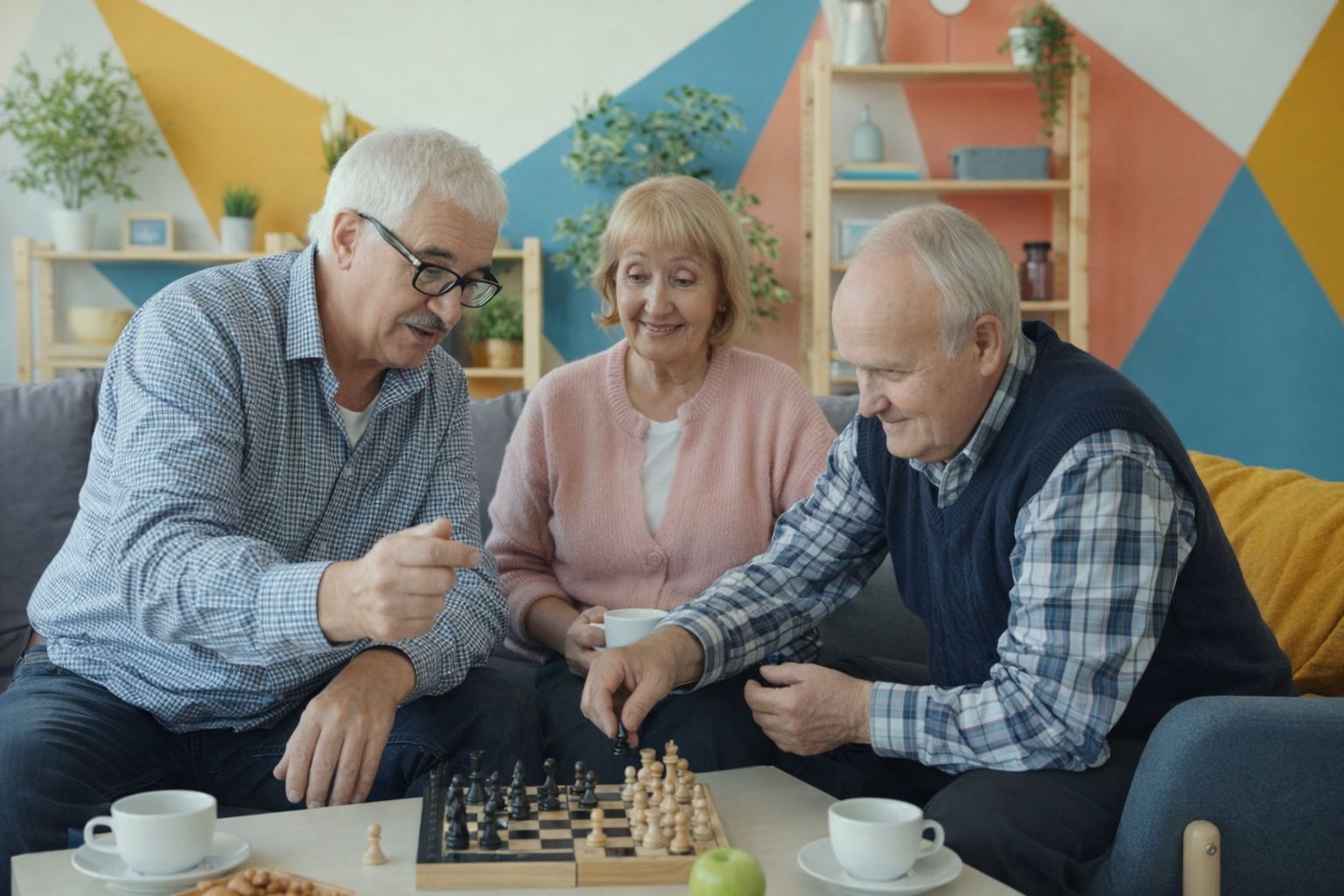 Tre seniorer spelar schack och umgås i ett ljust vardagsrum.